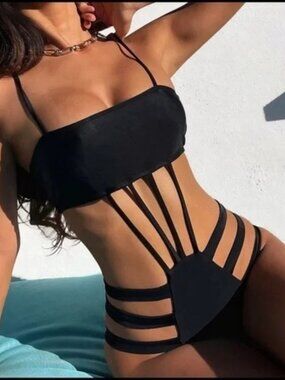 Black Super Strappy One Piece Swimsuit Cutout Monokini Sexy Beachwear  S NWT